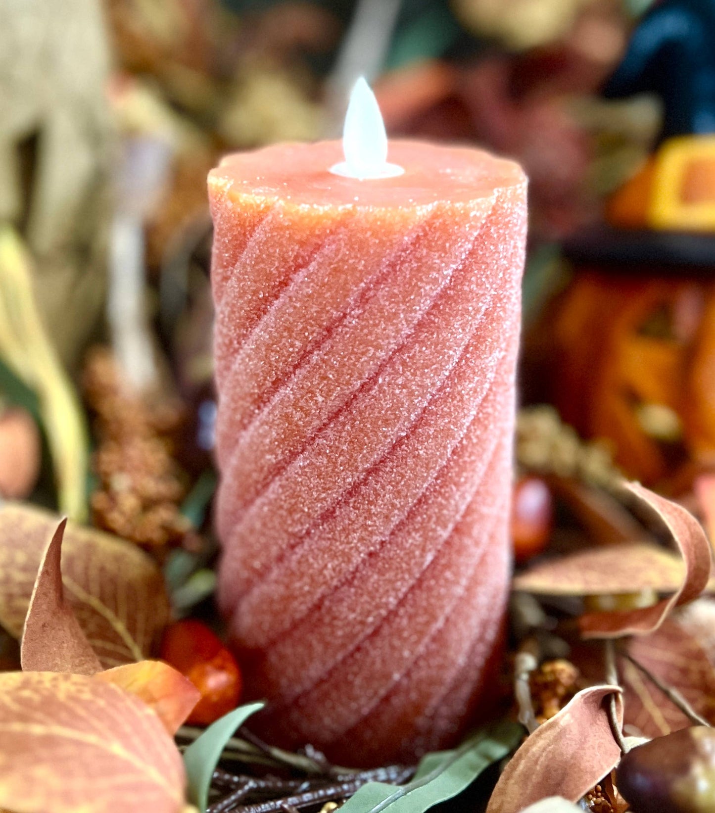Orange Swirl Frosted Moving Flame LED Candle 3x6in