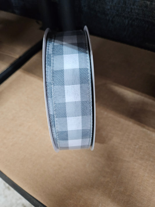 1.5" x 50 Y Buffalo Plaid Grey/White Ribbon